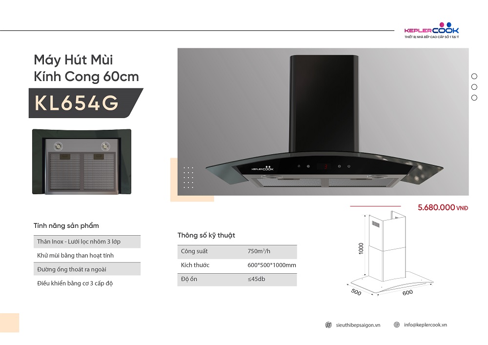 Máy hút mùi KeplerCook KL654G Kích thước 600mm