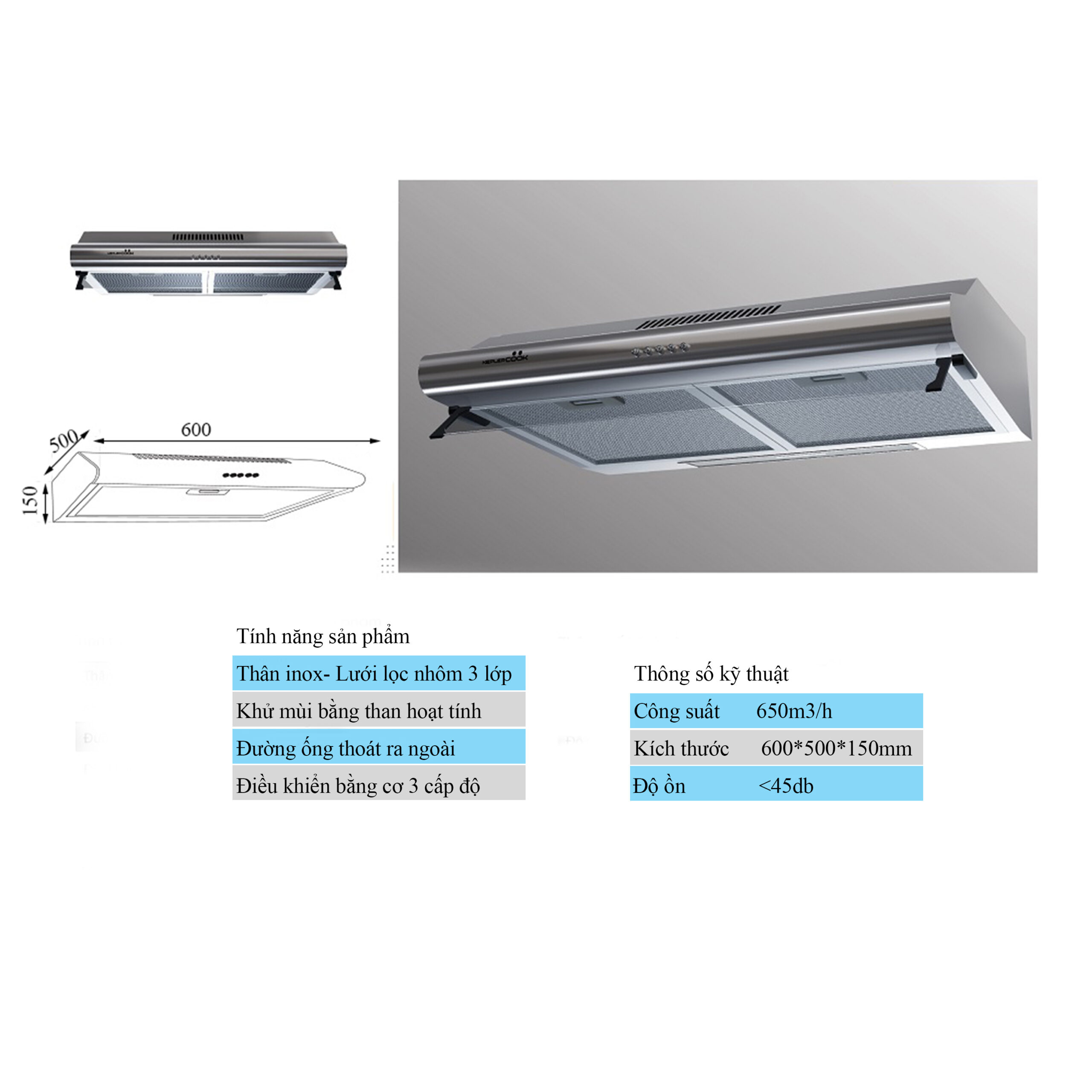 Máy Hút Mùi Cổ Điển Inox KeplerCook KL623 600mm - Ảnh 2